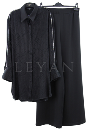 My312 Çizgili Saten Takım- LYN03384 Siyah