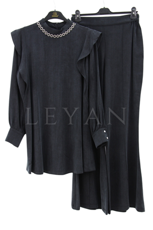 Orhan Store Yakası Taşlı Omuz Volanlı Takım- LYN03386 Siyah