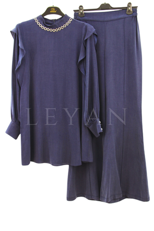 Orhan Store Yakası Taşlı Omuz Volanlı Takım- LYN03386 Lacivert