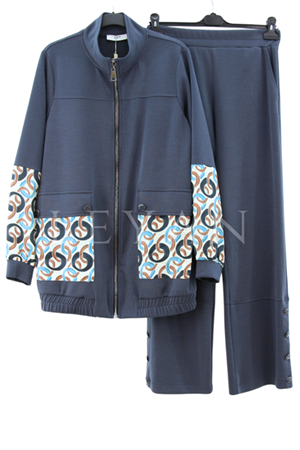 Tığ Triko Desenli Kumaş Kombinli Takım- LYN03490 Lacivert