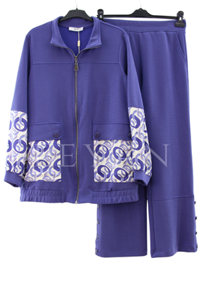 Tığ Triko Desenli Kumaş Kombinli Takım- LYN03490 Mor