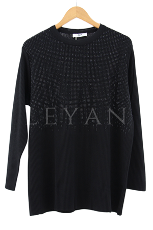 Tığ Triko Önü Taş Baskılı Tunik- LYN03341 Siyah