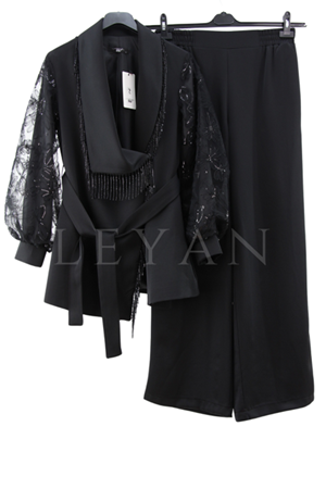 My312 Püskül Detaylı Saten Takım- LYN03493 Siyah