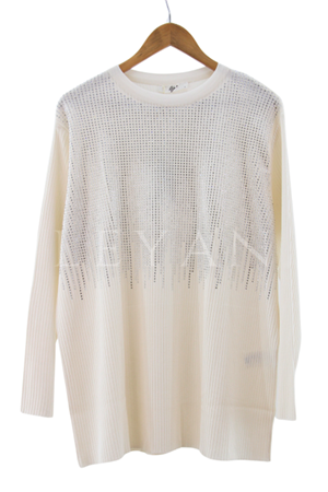 Tığ Triko Önü Taş Baskılı Tunik- LYN03341 Krem