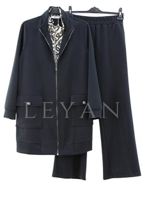 Tığ Triko Çift Fermuar Detaylı Takım- LYN03489 Siyah