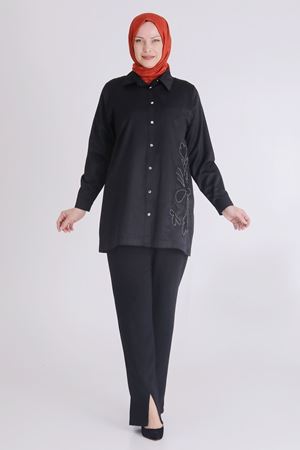 Behrem Nakışlı Poplin Tunik- LYN03354 Siyah