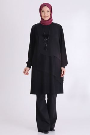 Behrem Şifon Ve File Detaylı Tunik- LYN03993 Siyah