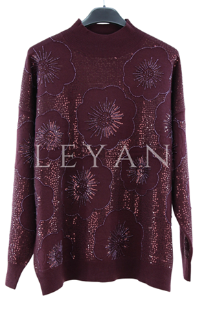 Tığ Triko İşlemeli Yarım Balıkçı Yaka Bluz- LYN04173 Mürdüm