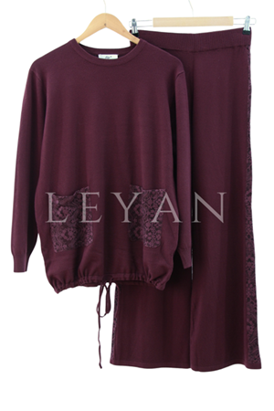 Tığ Triko Dantel Detaylı Takım- LYN04172 Bordo
