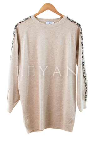 Tığ Triko Leopar Şeritli Tunik- LYN04175 Bej