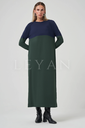 Nuss Çift Renkli Elbise- LYN04095 Zümrüt