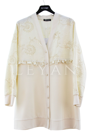 Fuat Gürşen Fırfır Detaylı Brokar Kap- LYN04185 Ekru