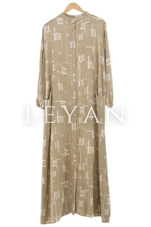 Desenli Viskon Elbise- LYN01460  Bej