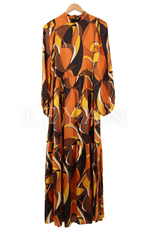 Armine Trend Desenli Viskon Elbise- LYN02678 Taba