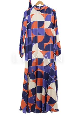 Desenli Saten Elbise-LYN02469 Mor