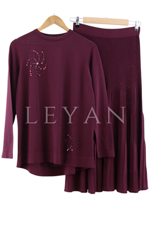 Nuss Taş İşlemeli Etekli Takım- LYN04192 Vişne