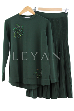 Nuss Taş İşlemeli Etekli Takım- LYN04192 Çam Yeşili