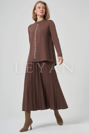 Nuss Taşlı Etekli Takım- LYN04096 Kahve