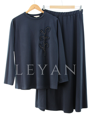 İşleme Detaylı Etekli Takım- LYN04217 Lacivert