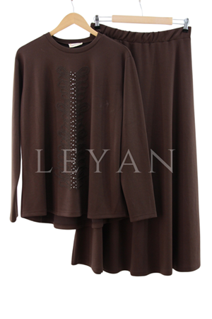 Önü Sıra Taşlı İşlemeli Takım- LYN04218 Kahve