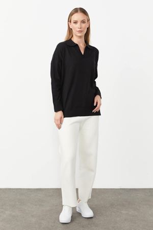 Mutlu Ertan Gömlek Yaka Triko Bluz- LYN02796 Siyah