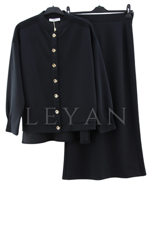 Tığ Triko Nervürlü  Etek Takım- LYN03583 Siyah