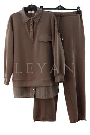 Tığ Triko Çizgi Kombinli Takım- LYN04257 Kahve
