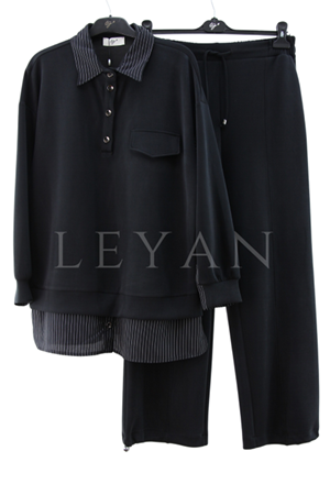 Tığ Triko Çizgi Kombinli Takım- LYN04257 Siyah