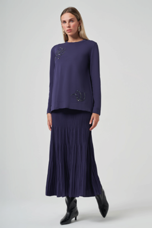 Nuss Taş İşlemeli Etekli Takım- LYN04192 Lacivert