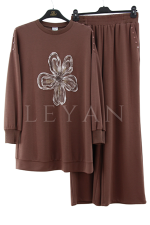 Orhan Store Çiçek Detaylı Takım- LYN04272 Kahve