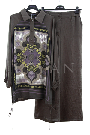 Fuat Gürşen Desenli Saten Takım- LYN04282 Haki