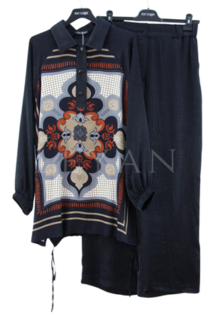 Fuat Gürşen Desenli Saten Takım- LYN04282 Siyah