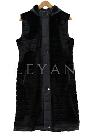 Paraşüt Kumaş Kombinli Kürklü Yelek- LYN01908 Siyah