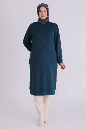 Behrem Boncuk İşlemeli Nervürlü Tunik- LYN04297 Zümrüt