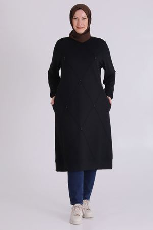 Behrem Boncuk İşlemeli Nervürlü Tunik- LYN04297 Siyah