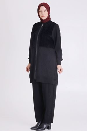 Behrem Taşlı Kürk Detaylı Takım- LYN04243 Siyah