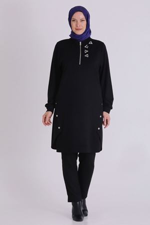 Behrem Taşlı Çıtçıt Detaylı Tunik- LYN04241 Siyah