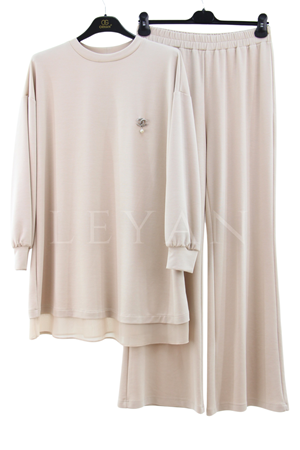 Orhan Store Şifonlu Pantolonlu Takım- LYN03373 Bej