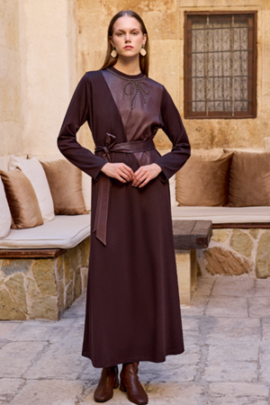 Orhan Store İşlemeli Elbise- LYN03923 Kahve