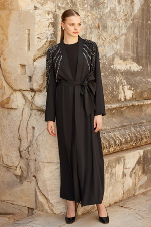 Orhan Store Omzu İşlemeli Abaya Takım- LYN03825 Siyah