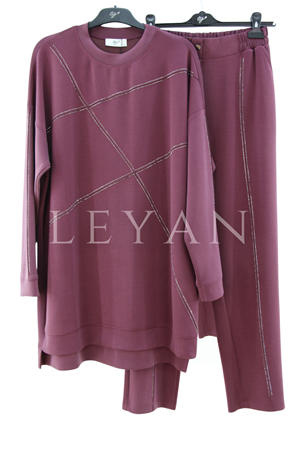 Tığ Triko Nervür Ve Sıra Taşlı Takım- LYN04423 Bordo