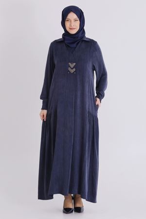 Behrem Yakalı İşlemeli Elbise - LYN04392 Lacivert