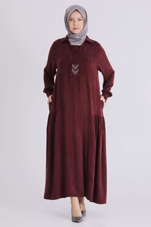 Behrem Yakalı İşlemeli Elbise - LYN04392 Bordo