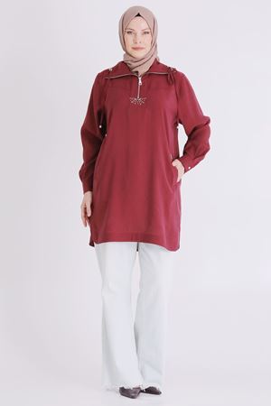 Behrem Fermuarlı İşlemeli Tunik- LYN04433 Bordo