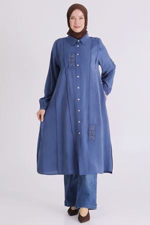 Behrem İşlemeli Tunik - LYN04406 İndigo