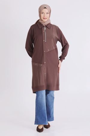 Behrem Paraşüt Detaylı Tunik- LYN04456 Kahve