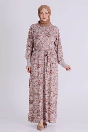 Behrem Desenli Elbise- LYN04482 Sütlü Kahve