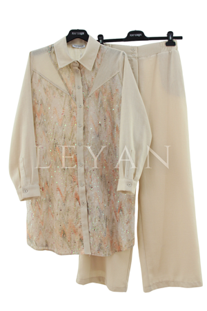 Fuat Gürşen Boncuk İşlemeli Takım- LYN04495 Bej