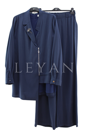 Tığ Triko Asimetrik Kesim Broş Detaylı Takım- LYN04496 Lacivert
