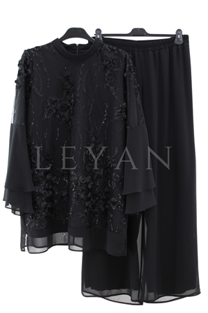 Orhan Store Şifonlu İşlemeli Takım- LYN04517 Siyah